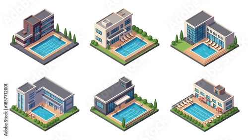 Isometric 3D vector illustration of swimming pool buildings in various architectural styles, isolated on white, ideal for recreation visuals
