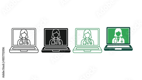 Telemedicine virtual medical services sign doctor in laptop icon set