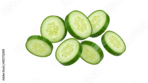 Tableau sur toile Fresh cucumber slices isolated PNG, vibrant green vegetable pieces on transparen
