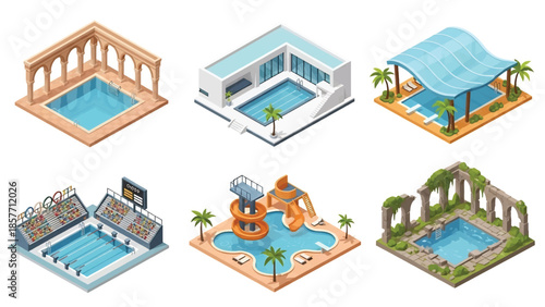 Isometric 3D vector illustration of swimming pool buildings in various architectural styles, isolated on white, ideal for recreation visuals