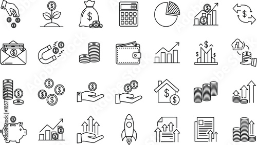 Financial economy icons, investment growth, money management, savings, banking, analytics, business chart, flat vector