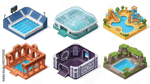 Isometric 3D vector illustration of swimming pool buildings in various architectural styles, isolated on white, ideal for recreation visuals