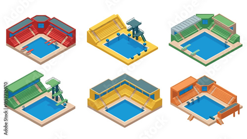 Isometric 3D vector illustration of swimming pool buildings in various architectural styles, isolated on white, ideal for recreation visuals