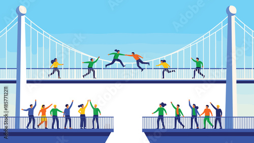 Business concept illustration of people jumping across a huge gap in a bridge, while a crowd cheers below, symbolizing teamwork, success, challenge, and solution.