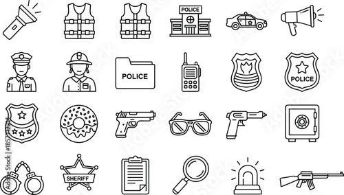 Police icons, law enforcement tools, security symbols, officer gear, investigation elements, safety, flat vector