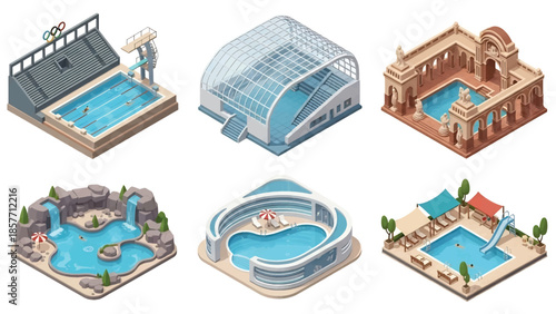 Isometric 3D vector illustration of swimming pool buildings in various architectural styles, isolated on white, ideal for recreation visuals
