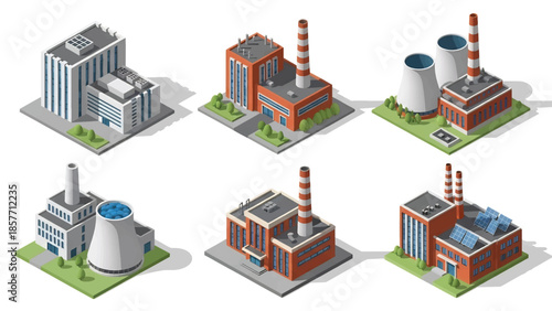 Isometric 3D vector illustration of power station buildings in various architectural styles, isolated on white, ideal for energy and infrastructure visuals
