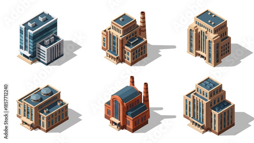 Isometric 3D vector illustration of power station buildings in various architectural styles, isolated on white, ideal for energy and infrastructure visuals