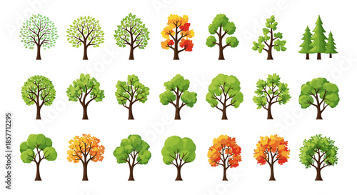 Set of varied tree icons and illustrations in different styles and seasonal foliage colors for forest and landscape design projects.