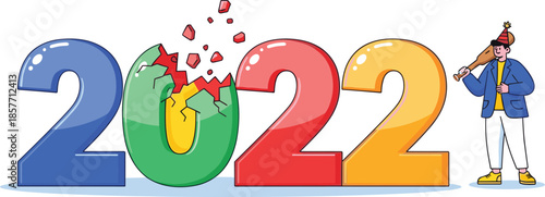 Celebrating the New Year 2022 Concept with a Man in a Party Hat Cracking the Central Zero Eggshell with a Baseball Bat, Symbolizing a Fresh St