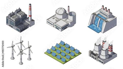 Isometric 3D vector illustration of power station buildings in various architectural styles, isolated on white, ideal for energy and infrastructure visuals