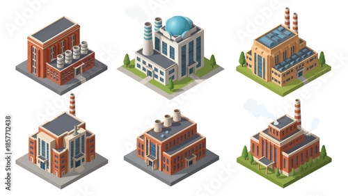 Isometric 3D vector illustration of power station buildings in various architectural styles, isolated on white, ideal for energy and infrastructure visuals