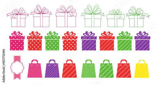Assorted set of colorful gift boxes and shopping bags with various patterns and ribbons for festive shopping and celebration themes.