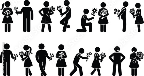 Man and woman giving flowers to each other in different pose