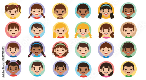 Large collection of diverse children avatars in colorful circular frames featuring boys and girls with different ethnicities and hairstyles.
