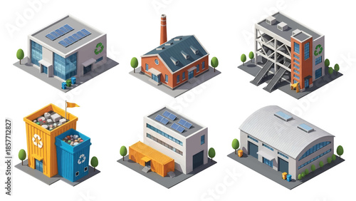 Isometric 3D vector illustration of recycling center buildings in various architectural styles, isolated on white, ideal for environmental graphics