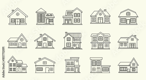 Set of simple house and building icons in outline style representing different residential architectural designs and real estate options.