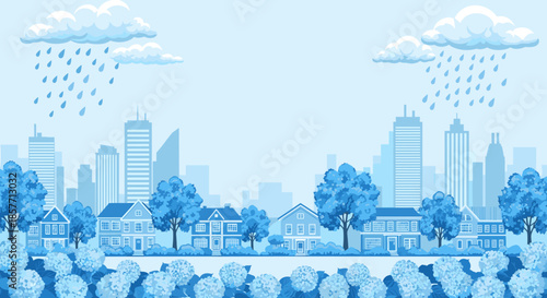 Serene monochromatic blue urban landscape featuring suburban houses, city buildings, falling rain, and blooming hydrangea bushes in summer.