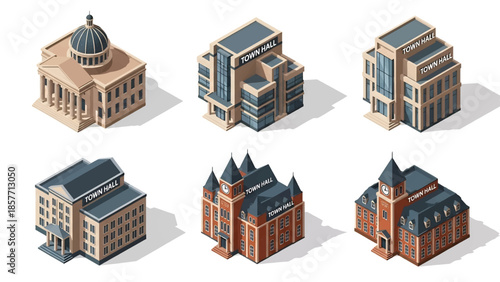 Isometric 3D vector illustration of government administration buildings in various architectural styles, isolated on white, ideal for civic and policy visuals