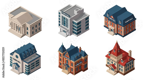Isometric 3D vector illustration of government administration buildings in various architectural styles, isolated on white, ideal for civic and policy visuals