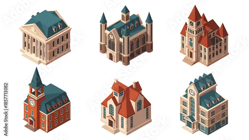 Isometric 3D vector illustration of government administration buildings in various architectural styles, isolated on white, ideal for civic and policy visuals