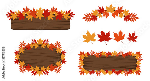 Assorted wooden signs and frames adorned with vibrant red and orange autumn maple leaves for rustic fall themed signage and decor.