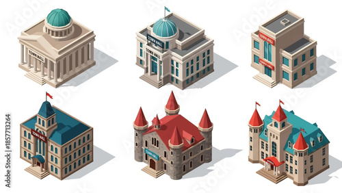 Isometric 3D vector illustration of government administration buildings in various architectural styles, isolated on white, ideal for civic and policy visuals