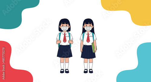 Two female students in Japanese style school uniforms wearing protective face masks for health safety in a colorful educational setting.