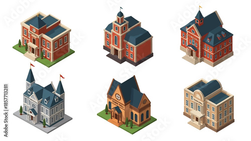 Isometric 3D vector illustration of government administration buildings in various architectural styles, isolated on white, ideal for civic and policy visuals