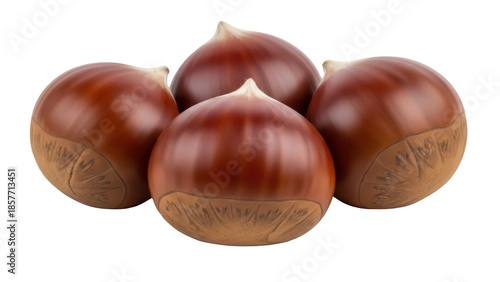 Foto Group of shiny brown chestnuts isolated PNG, sweet edible nuts for autumn harves