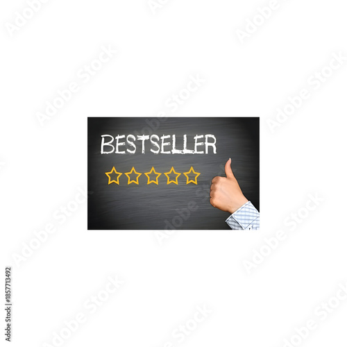 Hand giving thumbs up to bestseller rating with five gold stars in dark gray background for marketing and advertising