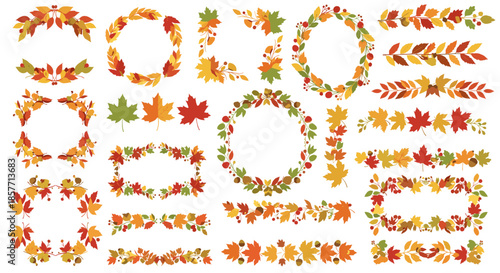 Large set of autumn floral decorations featuring wreaths, frames, and borders made of colorful fall leaves, berries, and acorns.