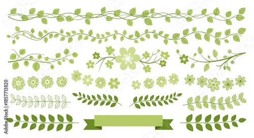 Elegant green leaf borders and floral dividers featuring various vine designs and botanical elements for creative projects.