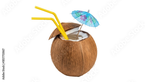 Foto Coconut cocktail PNG isolated with yellow straws and umbrella, tropical drink on