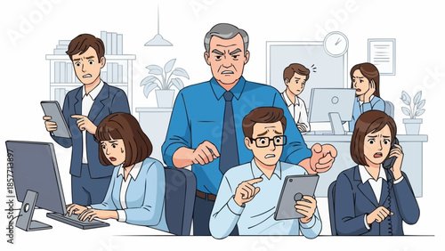 Stressed office workers under pressure from a demanding boss.