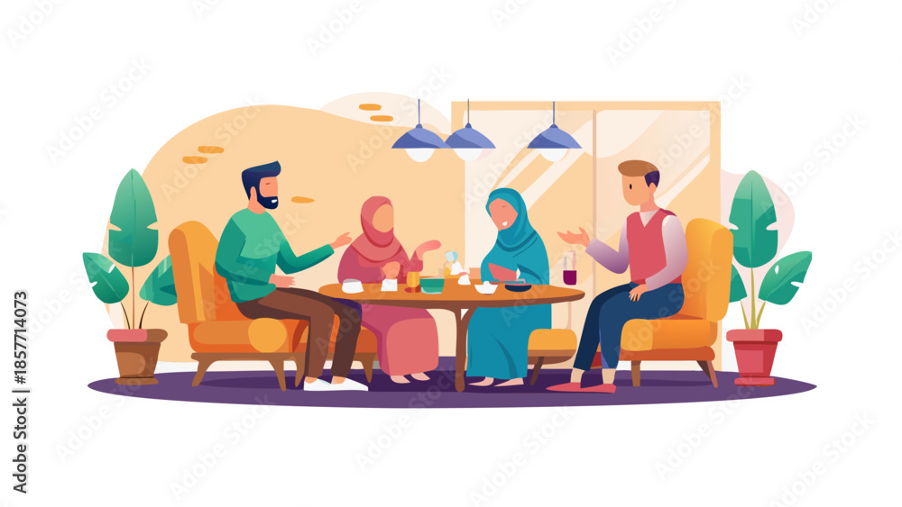 Fototapeta premium Warm vector illustration of a Muslim family sitting together for iftar meal during Ramadan, cozy home atmosphere. 