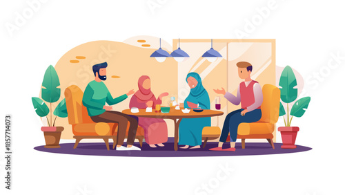 Warm vector illustration of a Muslim family sitting together for iftar meal during Ramadan, cozy home atmosphere.
