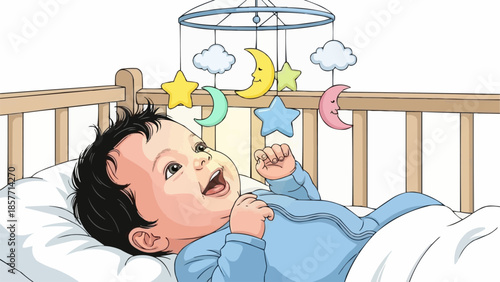 Babys Joyful Gaze at Crib Mobile with Celestial Shapes.