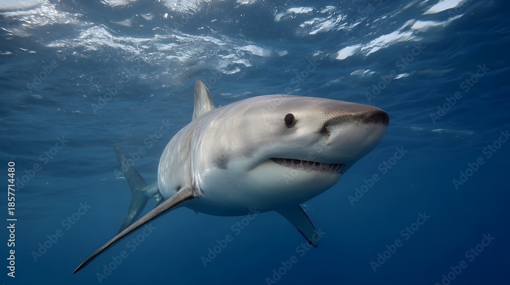 Fototapeta premium A powerful Great White Shark glides through the clear blue ocean its sharp teeth visible as it swims beneath the sunlit water surface