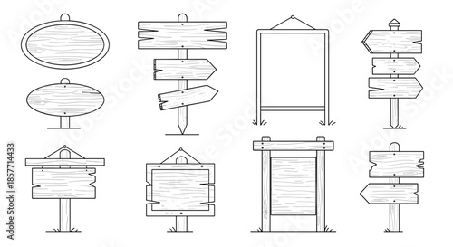 Collection of hand drawn wooden signposts and blank notice boards in outline style for rustic and outdoor directional signage.