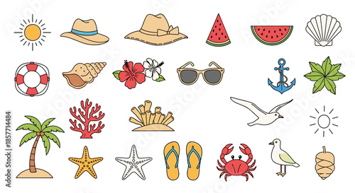 Large set of colorful summer vacation icons featuring beach accessories, tropical plants, marine life, and nautical elements for travel designs.