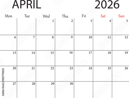 Minimalist Vector April 2026 Calendar Template with Clean Grid and Monday Start