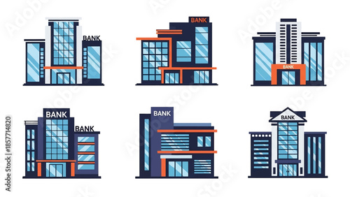 Modern vector illustration set of bank buildings in various architectural styles, isolated on white background, solid colors, ideal for finance, economy, and city design