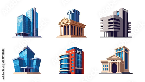 Modern vector illustration set of bank buildings in various architectural styles, isolated on white background, solid colors, ideal for finance, economy, and city design