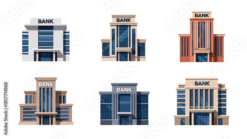 Modern vector illustration set of bank buildings in various architectural styles, isolated on white background, solid colors, ideal for finance, economy, and city design