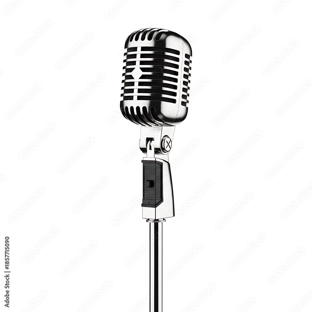 Fototapeta premium Vintage microphone on a stand is isolated on a white background.