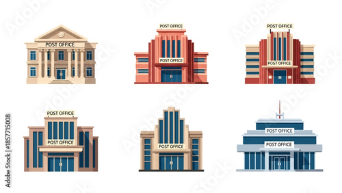 Modern vector illustration of post office buildings in different architectural styles, isolated on white background, solid colors, ideal for logistics and public service visuals