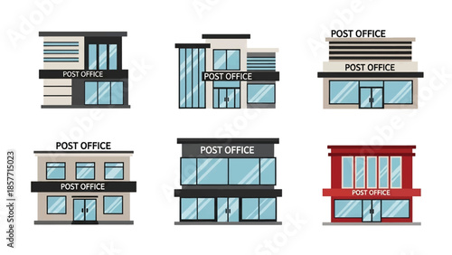 Modern vector illustration of post office buildings in different architectural styles, isolated on white background, solid colors, ideal for logistics and public service visuals