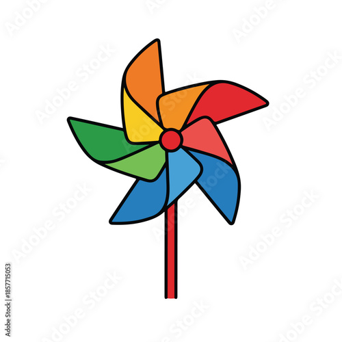 Bright colorful paper pinwheel toy isolated on white background, a fun rotating wind mill illustration with red and blue blades designed for child play and energy concepts