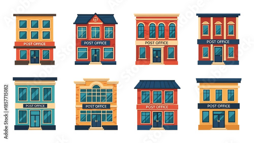Modern vector illustration of post office buildings in different architectural styles, isolated on white background, solid colors, ideal for logistics and public service visuals